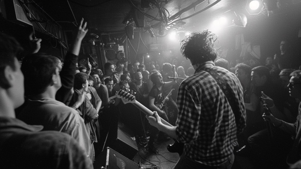 Arctic Monkeys playing under moody lighting