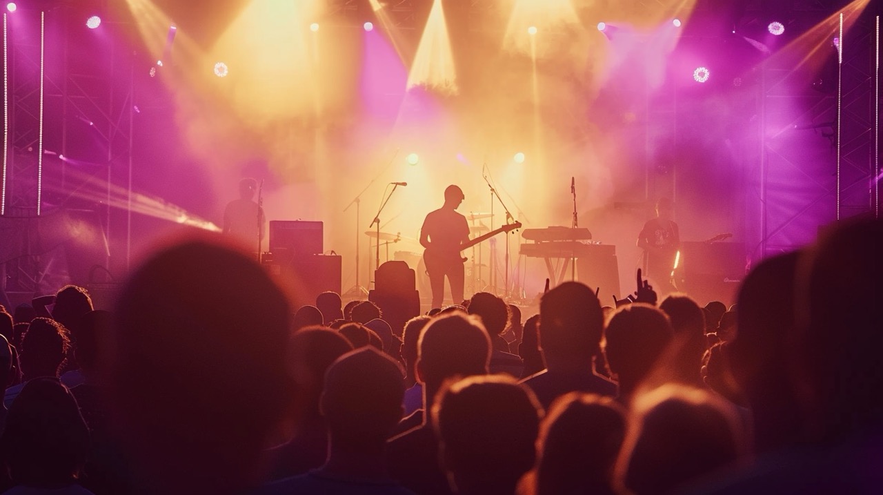 Close-up of Arctic Monkeys style guitar setup and amplifiers